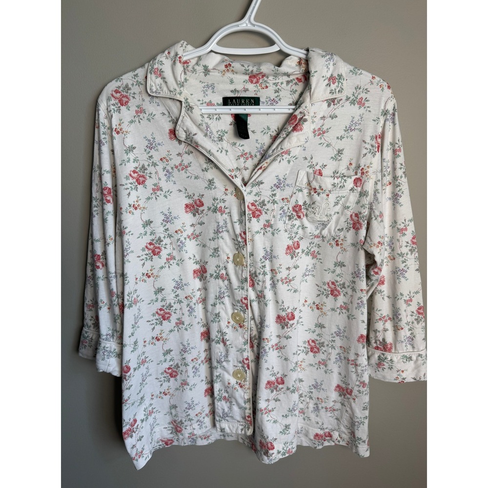 Lauren Ralph Lauren Floral Pajama Top White Pink Medium Cottagecore Shabby Chic